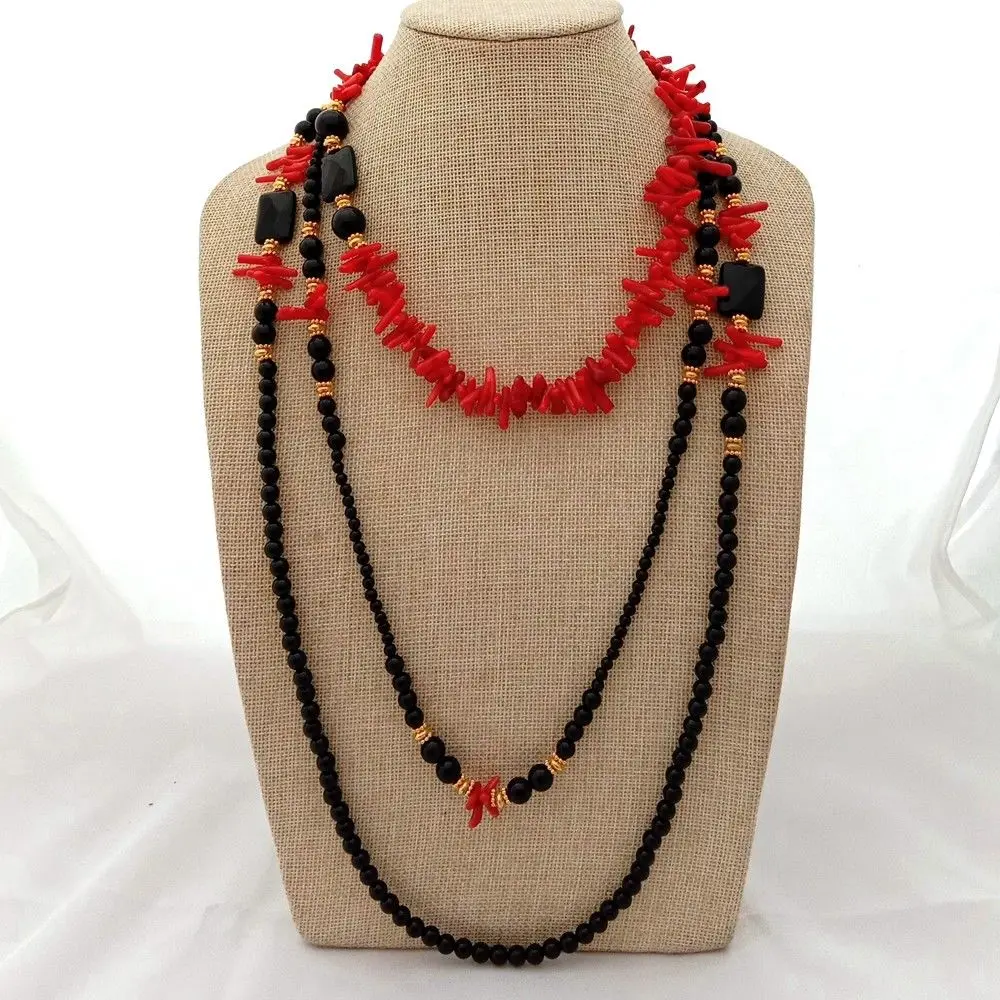 

Women's 18'' 3 Rows Red Coral Black Onyx Necklace