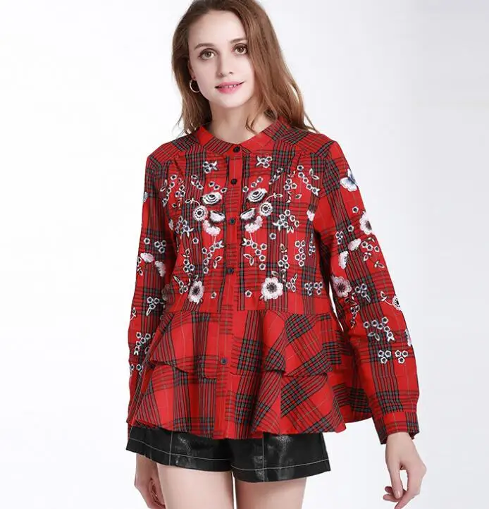 Women's spring autumn Elegant casual loose Plaid Checked cotton shirt lady's Vintage Ruffles embroidery blouse TB553
Women's spring autumn Elegant casual loose Plaid Checked cotton shirt lady's Vintage Ruffles embroidery blouse TB553