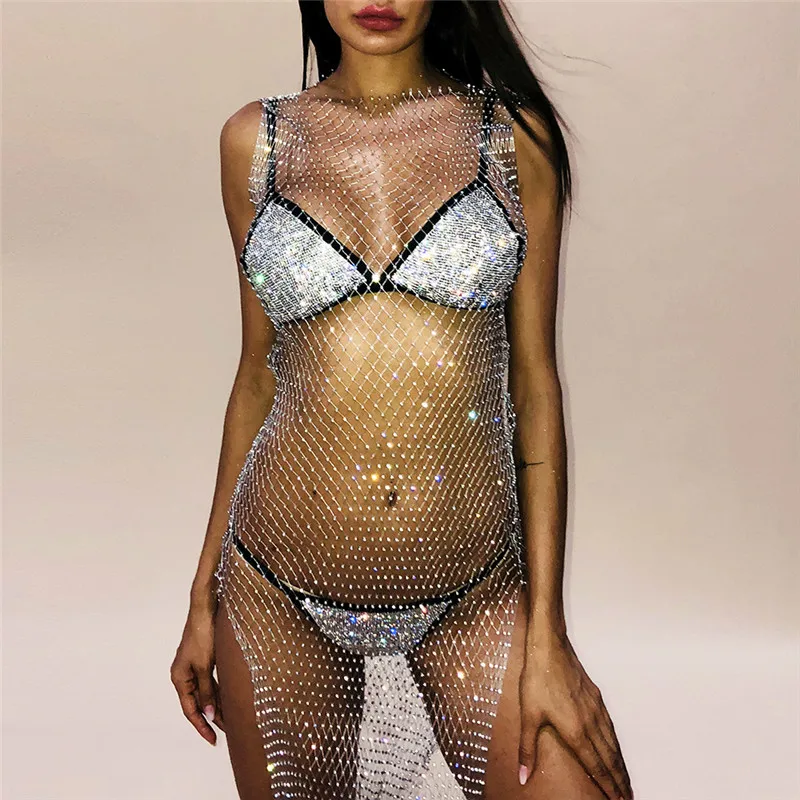 Bling Crystal Rhinestone Gold Silver Net Mesh Dress Women Sexy See Through Hollow Out Nightclub Party Tank Midi Dress
Bling Crystal Rhinestone Gold Silver Net Mesh Dress Women Sexy See Through Hollow Out Nightclub Party Tank Midi Dress
