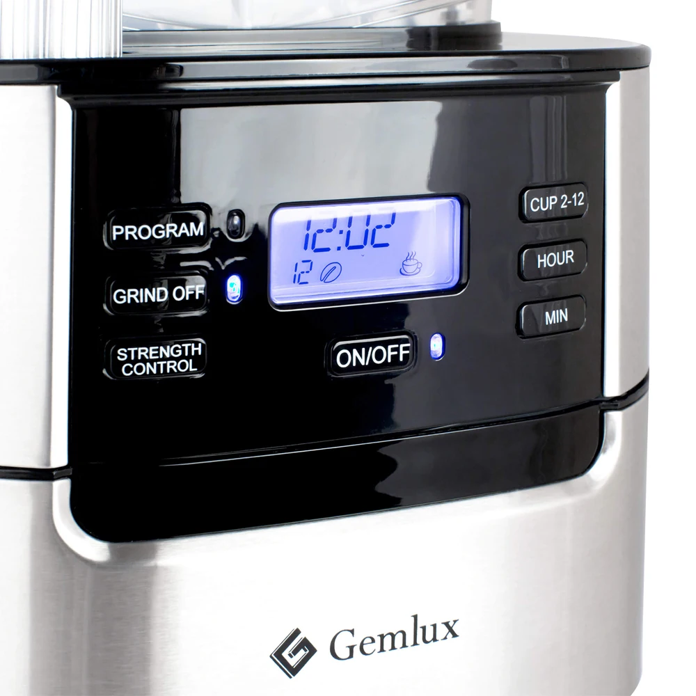 Кофеварка GEMLUX GL-CM-77 (Мощность 1050 Вт, объем 1.5 л, капельная, встроенная кофемолка с бункером на 200 г, подогрев готового напитка , ЖК-дисплей, отложенный старт)