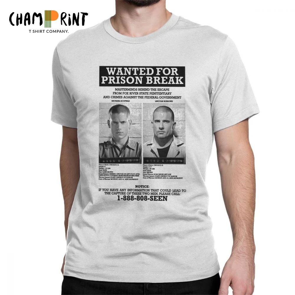 Wanted For Prison Break T Shirts for Men 100% Cotton Funny T-Shirts Crewneck Tee Shirt Short Sleeve Clothes Printed
Wanted For Prison Break T Shirts for Men 100% Cotton Funny T-Shirts Crewneck Tee Shirt Short Sleeve Clothes Printed