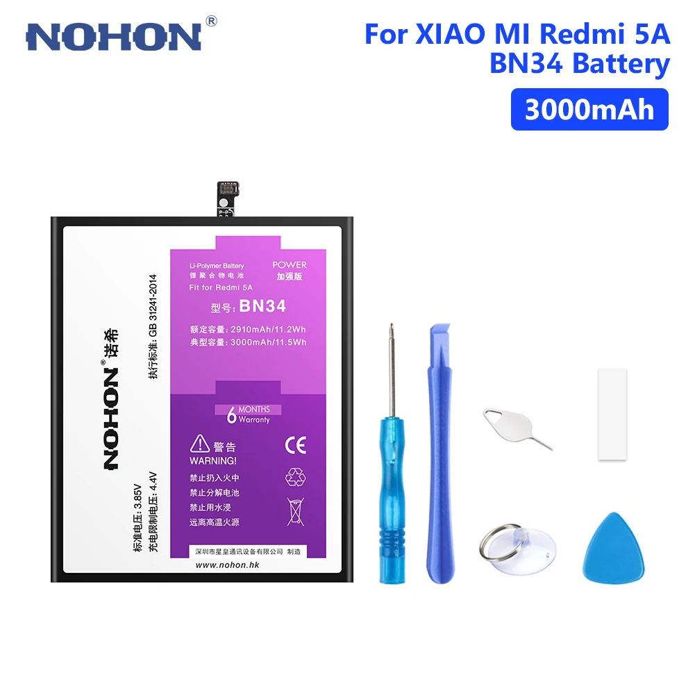 NOHON BN34 Battery Replacement Phone Batteries Real 3000mAh Lithium Polymer For Xiaomi Redmi 5A Free Tools Retail Package
NOHON BN34 Battery Replacement Phone Batteries Real 3000mAh Lithium Polymer For Xiaomi Redmi 5A Free Tools Retail Package