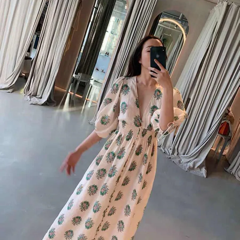 Women 2019 Summer New Linen Printing V-neck Short Sleeve Single-breasted Medium Long Dress Vacation Dress
Women 2019 Summer New Linen Printing V-neck Short Sleeve Single-breasted Medium Long Dress Vacation Dress