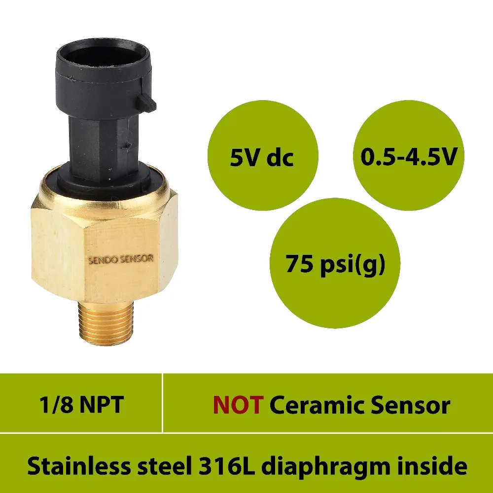 

water oil pressure sensor, 0 75 psi, AISI 316L diaphragm, Brass housing, 5Vdc supply, thread 1 8 NPT, 0.5 to 4.5V output, IP65