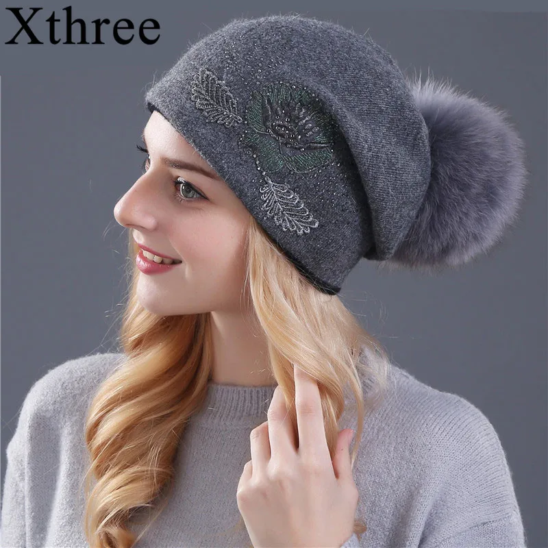Женская шерстяная вязаная шапка Xthree зимняя с помпоном из натурального Лисьего