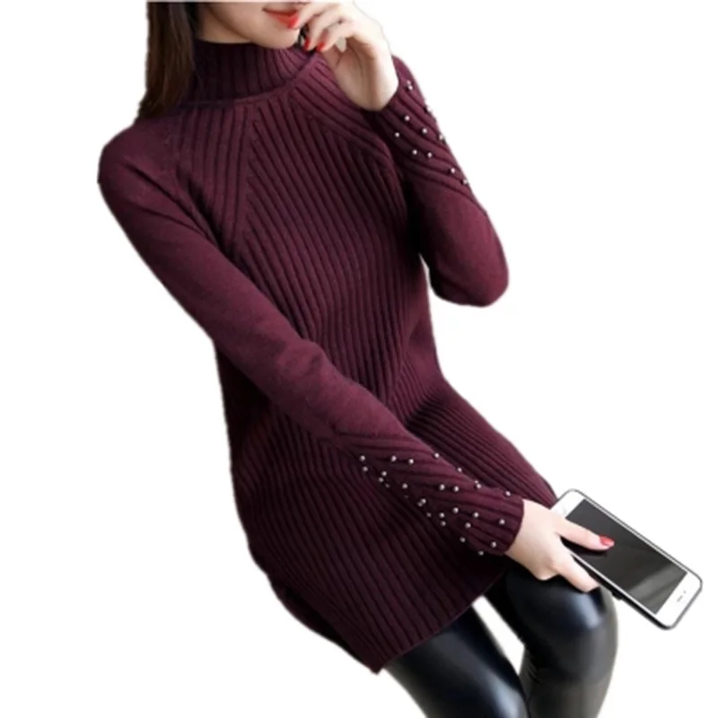Женский вязаный свитер с высоким воротом облегающий пуловер длинными рукавами