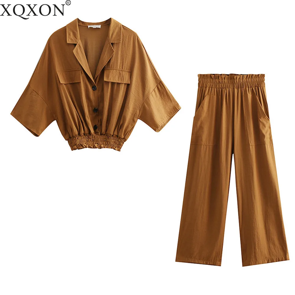 Women's suits 2019 Vintage Solid Pockets Short Tops Women Blouses Shirts Casual Blusas Elegant Wide Leg Pants Two Pieces Set
Women's suits 2019 Vintage Solid Pockets Short Tops Women Blouses Shirts Casual Blusas Elegant Wide Leg Pants Two Pieces Set