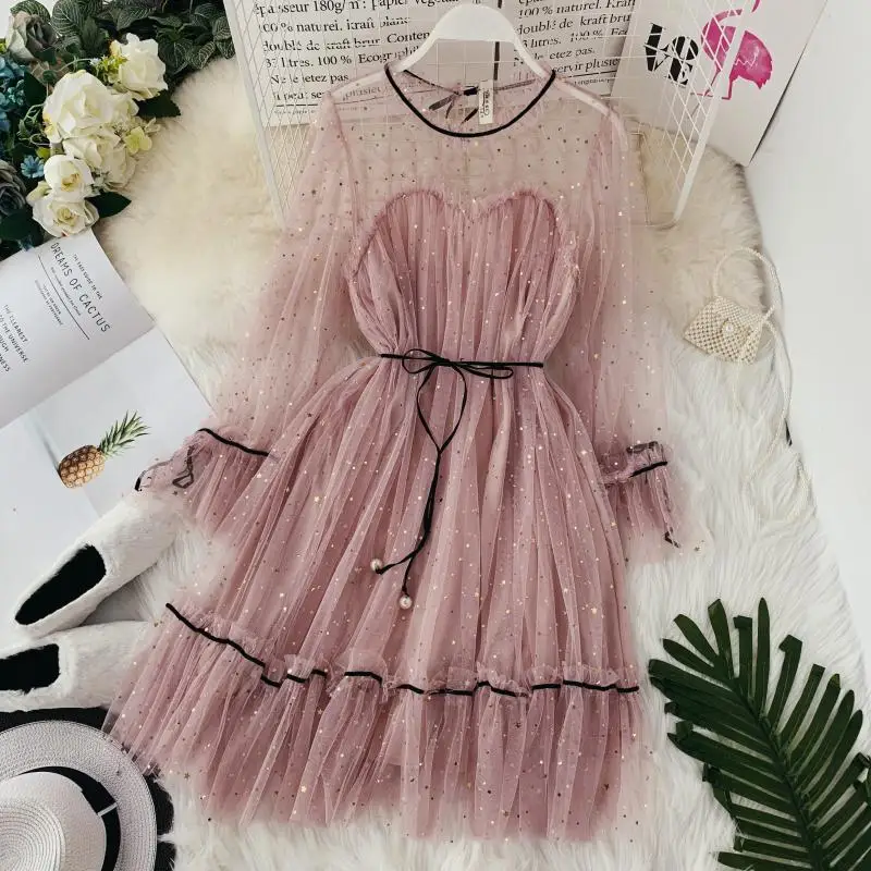 2019 Spring Sweet Star Shiny Mesh Dresses Women Fashion Transparent Sleeve Mesh Dresses Lady Shiny Bling Bling Lace Mesh Dress
2019 Spring Sweet Star Shiny Mesh Dresses Women Fashion Transparent Sleeve Mesh Dresses Lady Shiny Bling Bling Lace Mesh Dress