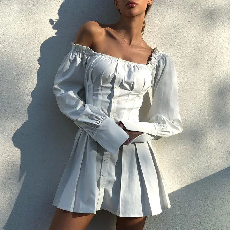 Elegant long sleeve women dress Ruffled slash neck A-line pleated office ladies dress Summer streetwear white dress 2019
Elegant long sleeve women dress Ruffled slash neck A-line pleated office ladies dress Summer streetwear white dress 2019