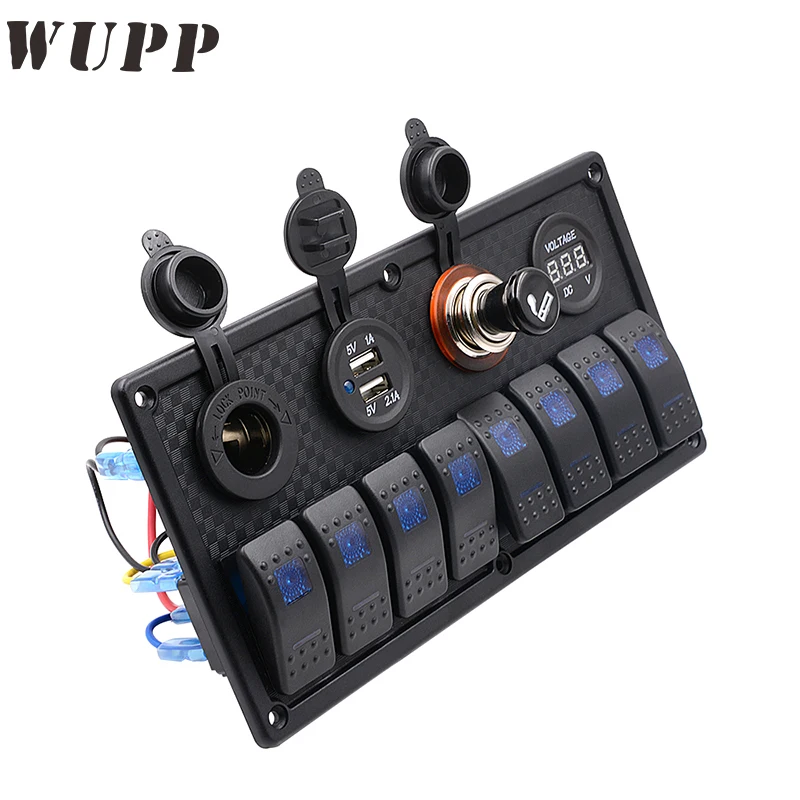 WUPP 8 Gang Switch Panel Waterproof 5V 3.1A Dual Usb Car Charger 12V Voltmeter Cigarette Socket Rocker Switch Panel With Butts
WUPP 8 Gang Switch Panel Waterproof 5V 3.1A Dual Usb Car Charger 12V Voltmeter Cigarette Socket Rocker Switch Panel With Butts