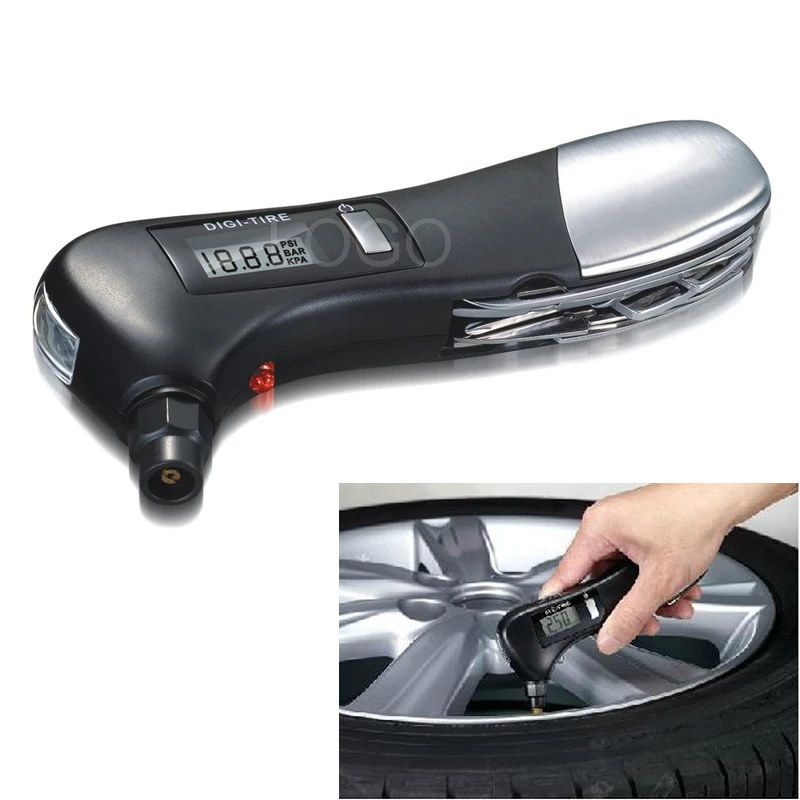 New 9 in 1 Digital TyreAir Pressure Gauge Tester with Flashlight Hammer and Knife Set Function for emergency