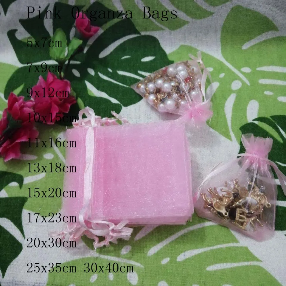 Фото Розовые сумки из органзы 100 шт./лот 7x9 9x12 10x15 13x18 15x20 17x23 см на шнурке для ювелирных