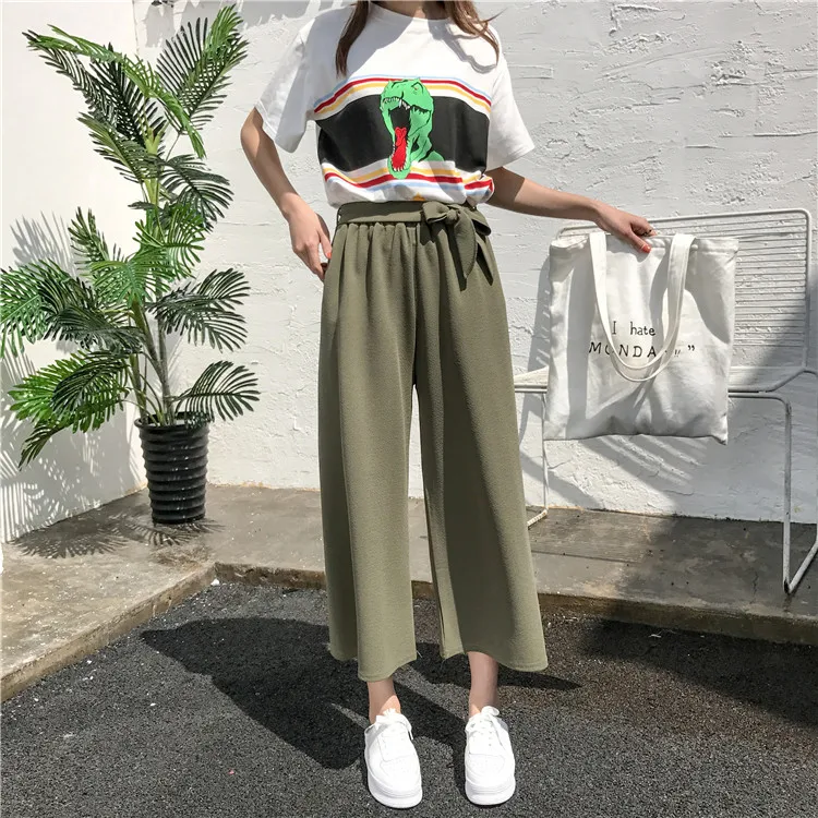 Plus Size - Casual Elastic Waist Loose Wide Leg Pants Preppy Style Trousers Female Palazzo Pants (Us 18W-20W)