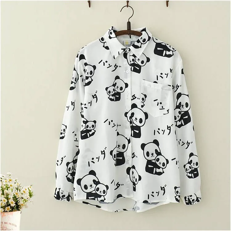 Cartoon panda print chiffon long sleeve shirt blouse