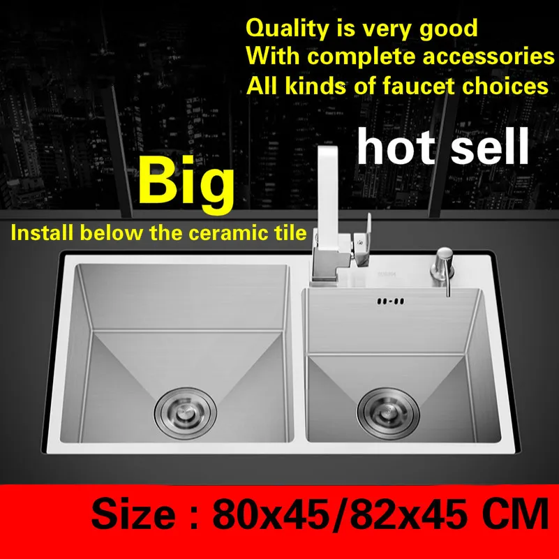 

Free shipping Hot sell luxury kitchen manual sink double groove durable food grade 304 stainless steel standard 80x45/82x45 CM
