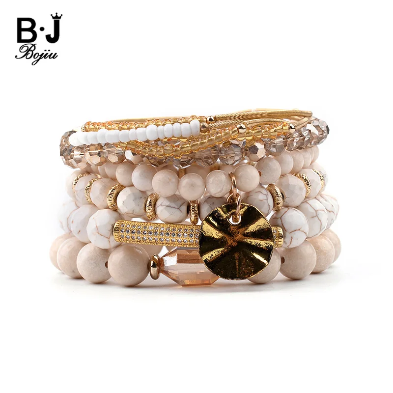 

BOJIU Multilayer Natural Stone Bracelets For Women Gold Zirconia Tube Spring White Howlite River Stone Crystal Bracelet BCSET199