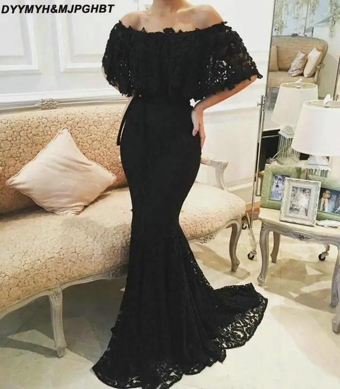 Элегантные черные кружевные вечерние платья с открытыми плечами Длинные