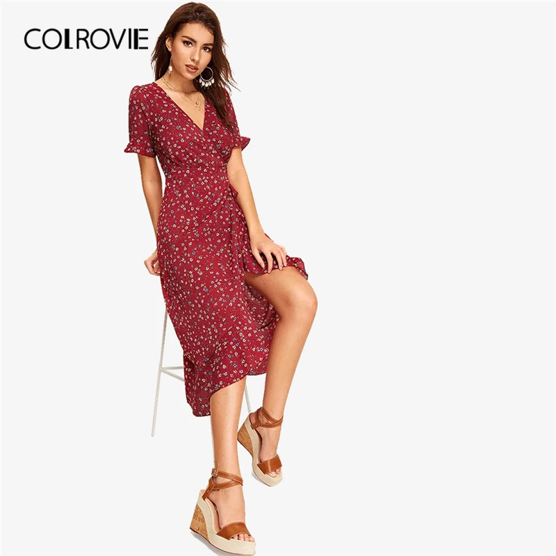 

COLROVIE Burgundy V Neck Floral Print Tie Back Surplice Wrap Holiday Women Dress 2019 Summer Ruffle Hem High Waist Boho Dresses