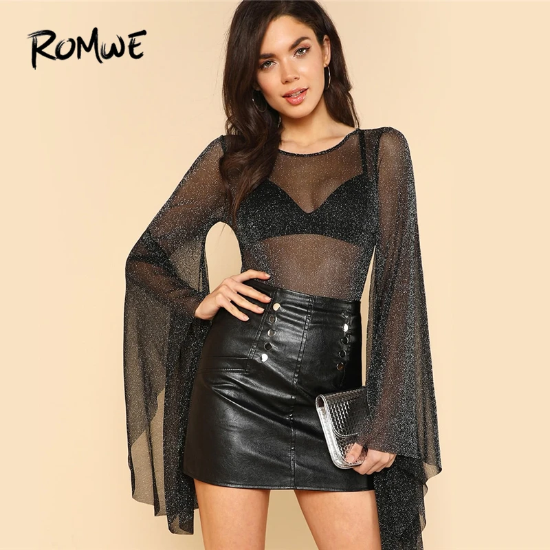 ROMWE Black Exaggerated Bell Sleeve Glitter Mesh Bodysuit Women 2019 Spring Glamorous Backless Mid Waist Sexy Skinny Bodysuits
ROMWE Black Exaggerated Bell Sleeve Glitter Mesh Bodysuit Women 2019 Spring Glamorous Backless Mid Waist Sexy Skinny Bodysuits