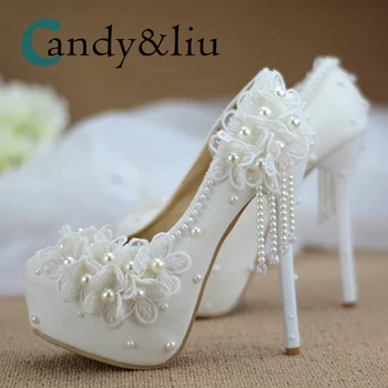 White Lace Flower Wedding Shoes Super High Heel Pearl Beaded Tassle Women Pumps with Plat Form for Party Banquet Bridesmaid
White Lace Flower Wedding Shoes Super High Heel Pearl Beaded Tassle Women Pumps with Plat Form for Party Banquet Bridesmaid