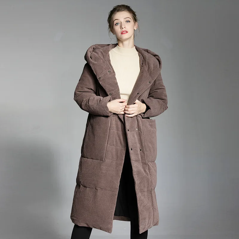 Winter New Down Jacket Corduroy Long White Duck Down Ms Jackets Thick Warm Overcoat Korean Brand Coat female Hooded Big Pocket (11)