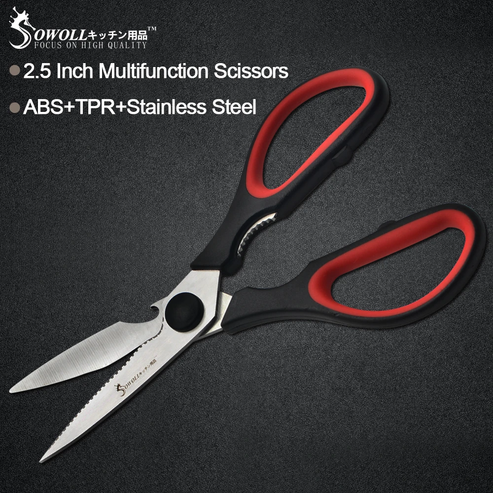 Sowoll 2.5 inch Stainless Steel Kitchen Scissor Multifunction Bottle Opener Nat Cracker Cooking Tool ABS+TPR Red Black Handle
Sowoll 2.5 inch Stainless Steel Kitchen Scissor Multifunction Bottle Opener Nat Cracker Cooking Tool ABS+TPR Red Black Handle