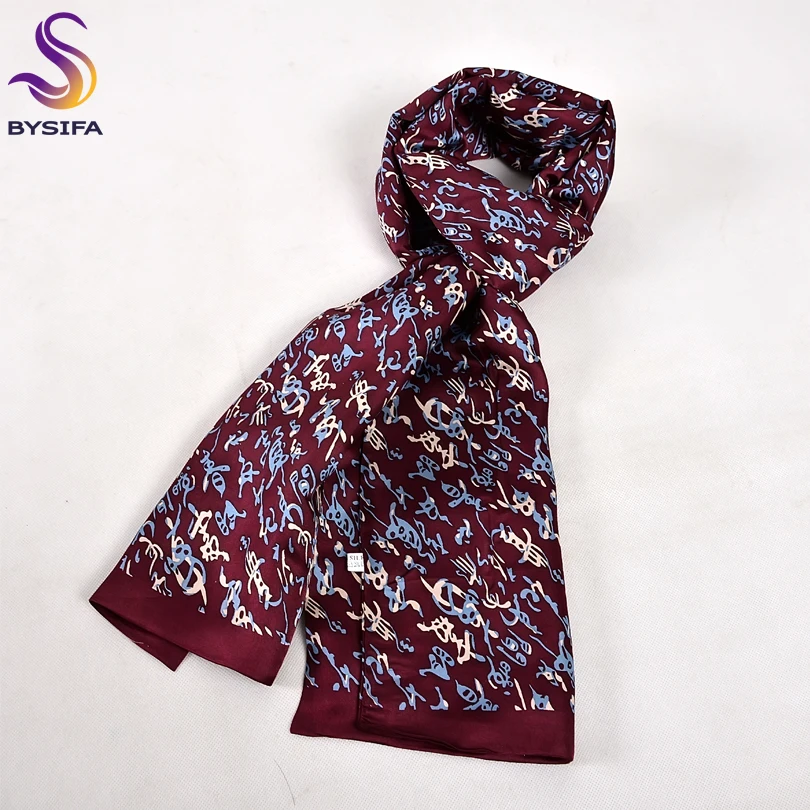 

[BYSIFA] Chinese Style Letters Men Long Scarves Autumn Winter Fashion New Dark Red Pure Silk Male Silk Scarf Cravat 160*26cm