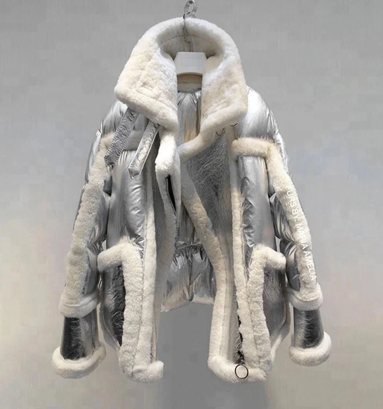 genuine leather and fur duck down coat silver (4)