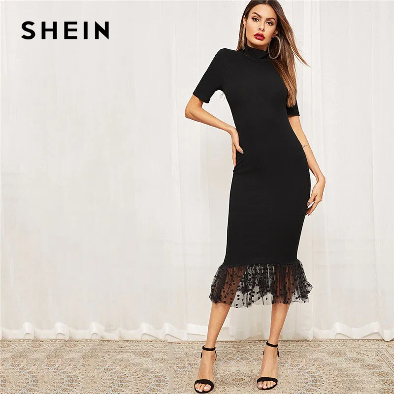 

SHEIN Black Elegant Form Fitting Dot Mesh Hem Midi Dress Women Summer Stretchy Bodycon Stand Collar Mermaid Party Dresses