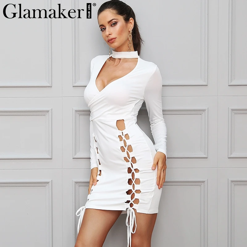 Glamaker Lace up sexy elegant choker dress women Bodycon deep v neck short dress Long sleeve slim summer hollow out mini dress
Glamaker Lace up sexy elegant choker dress women Bodycon deep v neck short dress Long sleeve slim summer hollow out mini dress