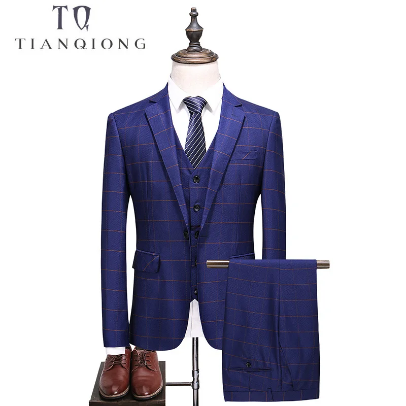 

TIAN QIONG Blue Lattice (Jacket+Vest+Pants) England Style Men Suit Wedding Business Men's Clothing Suit Blazer Terno Masculino