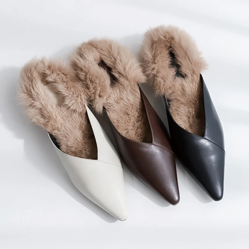Фото Women's genuine leather warm plush slip-on mules autumn pointed toe high heels leisure dress pumps quality shoes for women | Обувь