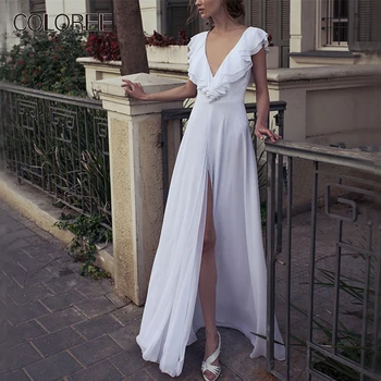 COLOREE Vintage Summer White Ruffles Deep V-Neck Long Dress Backless Open Front Slit Vacation Beach Casual Dress
COLOREE Vintage Summer White Ruffles Deep V-Neck Long Dress Backless Open Front Slit Vacation Beach Casual Dress
