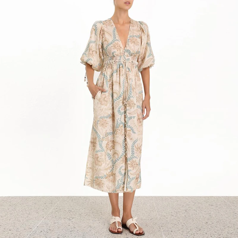 2019 women's Summer New 100% Linen Leaves Printing V-neck Puff Sleeve Shell Sashes High Waist Seaside Vacation Dress
2019 women's Summer New 100% Linen Leaves Printing V-neck Puff Sleeve Shell Sashes High Waist Seaside Vacation Dress
