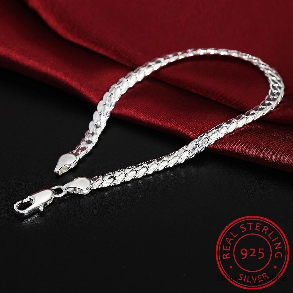 

SMTCAT 925 Sterling Silver bracelet fine jewelry 5MM 20cm snake Flat male chain Bracelet Armband/pulsera for men