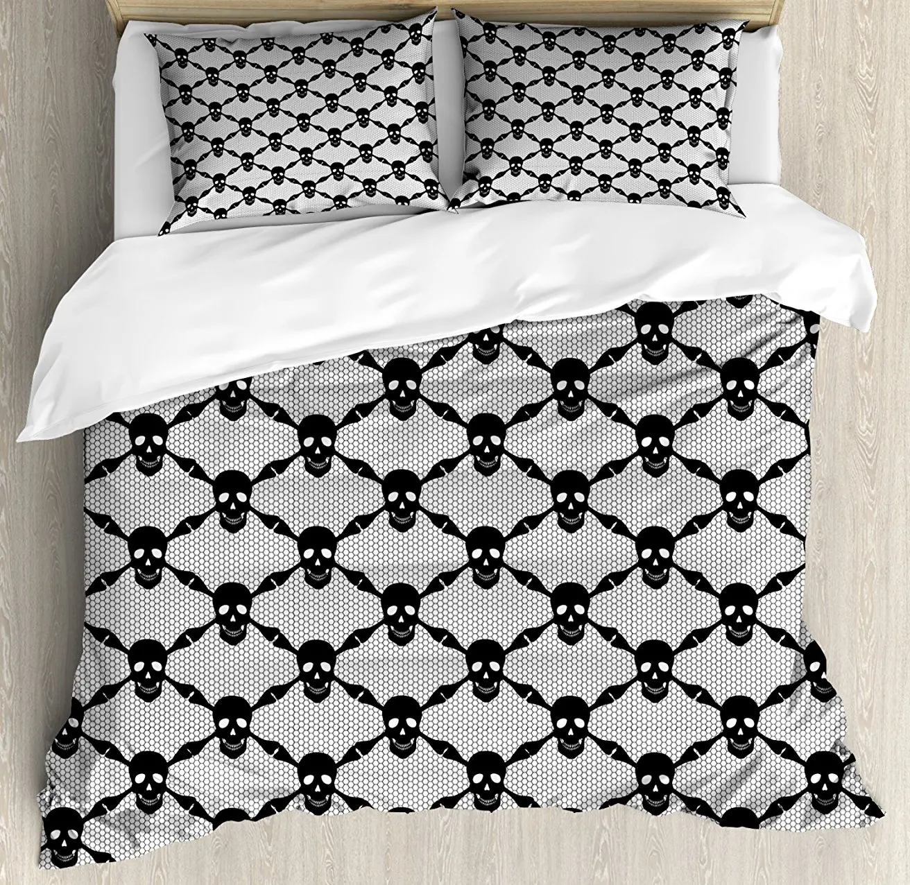 Gothic Duvet Cover Set Halloween Horror Theme Spooky Black Skulls Checkered Pattern with Skeleton Bones Decor 4pcs Bedding Set
Gothic Duvet Cover Set Halloween Horror Theme Spooky Black Skulls Checkered Pattern with Skeleton Bones Decor 4pcs Bedding Set