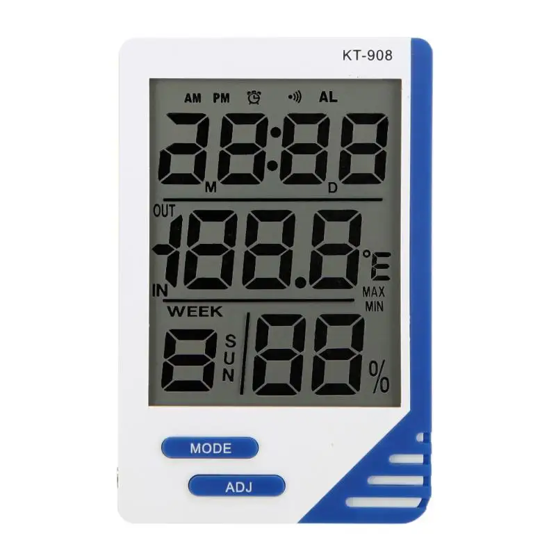 KT-908 Indoor Outdoor Home Office LCD Digital Thermometer Hygrometer Electronic Temperature Humidity Meter Clock
KT-908 Indoor Outdoor Home Office LCD Digital Thermometer Hygrometer Electronic Temperature Humidity Meter Clock
