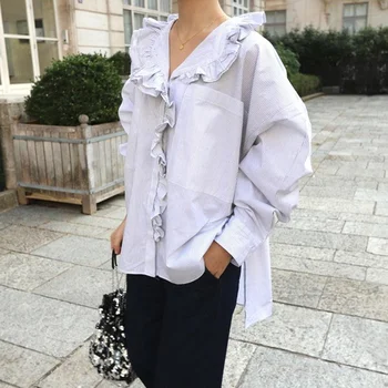 2019 Spring Stripe Cotton Casual Shirts Long Sleeve Lotus Leaf Edge Shirts Elegant Women Loose Shirts Peter pan Collar
2019 Spring Stripe Cotton Casual Shirts Long Sleeve Lotus Leaf Edge Shirts Elegant Women Loose Shirts Peter pan Collar