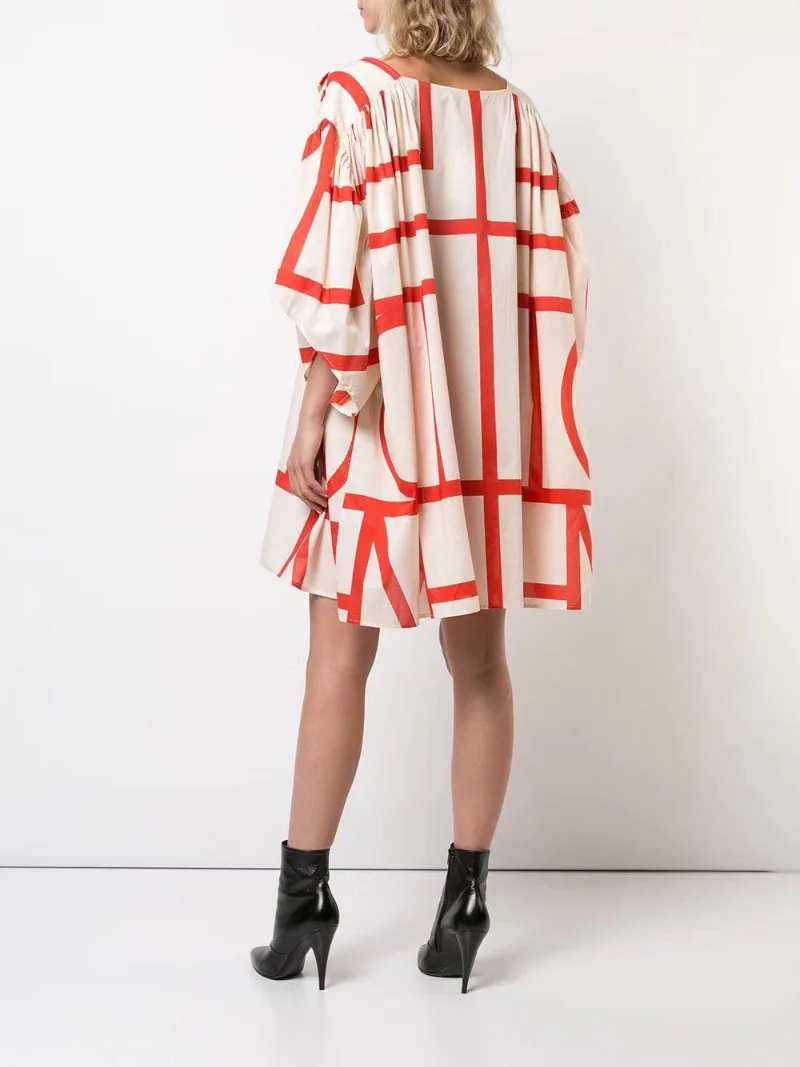 ESTEPONE Red Beige Monogram Print Oversized cotton Mini dress Drop shoulder 3/4 Cape Sleeves
ESTEPONE Red Beige Monogram Print Oversized cotton Mini dress Drop shoulder 3/4 Cape Sleeves
