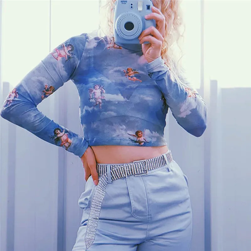 New Fashion Women See-through Sheer Mesh T-Shirt Female Turtleneck Transparent Long Sleeve Cute Angel Printed Summer Mesh Tops
New Fashion Women See-through Sheer Mesh T-Shirt Female Turtleneck Transparent Long Sleeve Cute Angel Printed Summer Mesh Tops