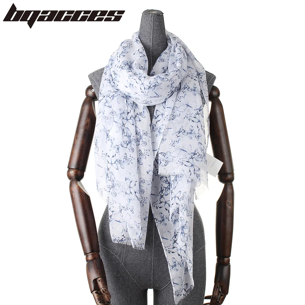 

[BQACCES] Fashion blue Butterfly Print Cotton Viscose Scarf Fringed Thin Voile Scarves Women Summer Shawl Wrap New Hijab Bufanda