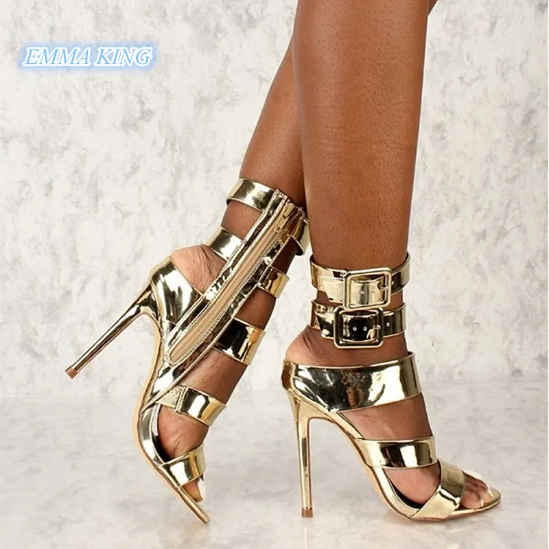 Gold Metallic Ankle Buckle Strap Women Sandals Open Toe Side Zipper Gladiator Shoes Woman Open Toe Hollow Thin High Heel Sandals 
Gold Metallic Ankle Buckle Strap Women Sandals Open Toe Side Zipper Gladiator Shoes Woman Open Toe Hollow Thin High Heel Sandals