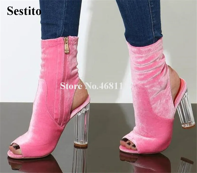 New Design Women Fashion Peep Toe Velvet Chunky Transparent Heel Short Boots Cut-out Pink Black Zipper-up High Heel Ankle Boots
New Design Women Fashion Peep Toe Velvet Chunky Transparent Heel Short Boots Cut-out Pink Black Zipper-up High Heel Ankle Boots