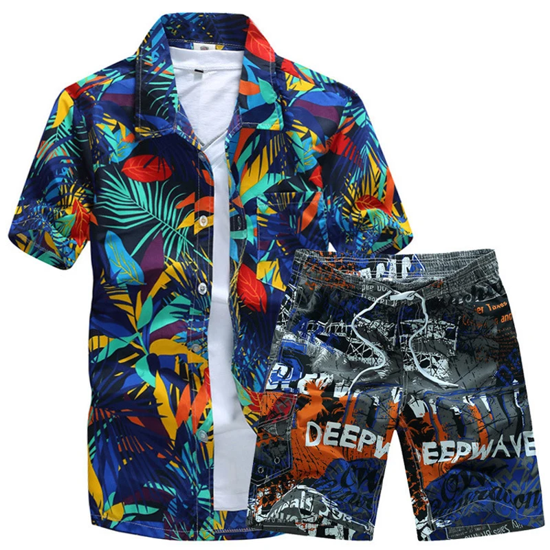 Мужские Гавайские рубашки комплект 2020 цветочные + пляжные шорты с рисунком