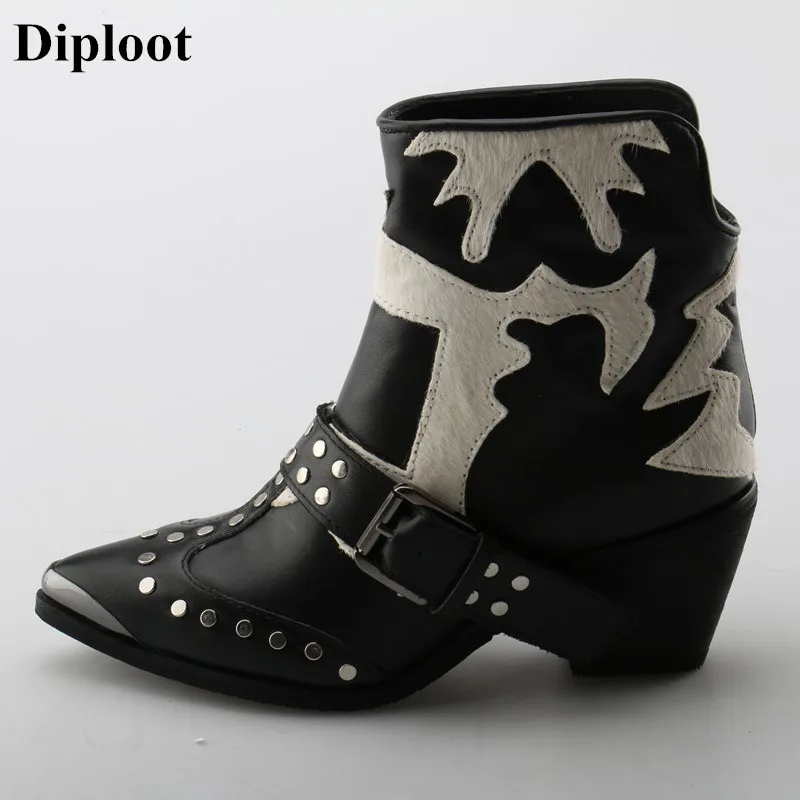 Dipsloot Woman Horsehair Patchwork Slip-on Ankle Boots Female Metal Pointed Toe Short Boots With Rivets Chunky Heels Dress Shoes
Dipsloot Woman Horsehair Patchwork Slip-on Ankle Boots Female Metal Pointed Toe Short Boots With Rivets Chunky Heels Dress Shoes