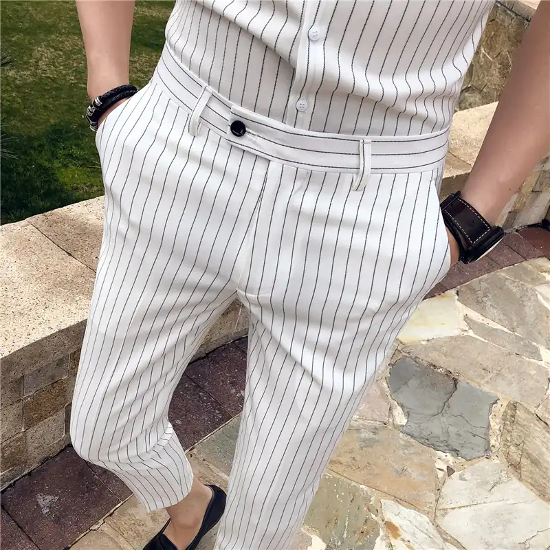 mens grey trousers with white stripe