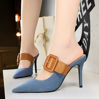 Euro-American Women's Shoe Bale Slippers With High Heel And Shallow Pointed Denim Matching Color Belt Buckle Slippers
Euro-American Women's Shoe Bale Slippers With High Heel And Shallow Pointed Denim Matching Color Belt Buckle Slippers