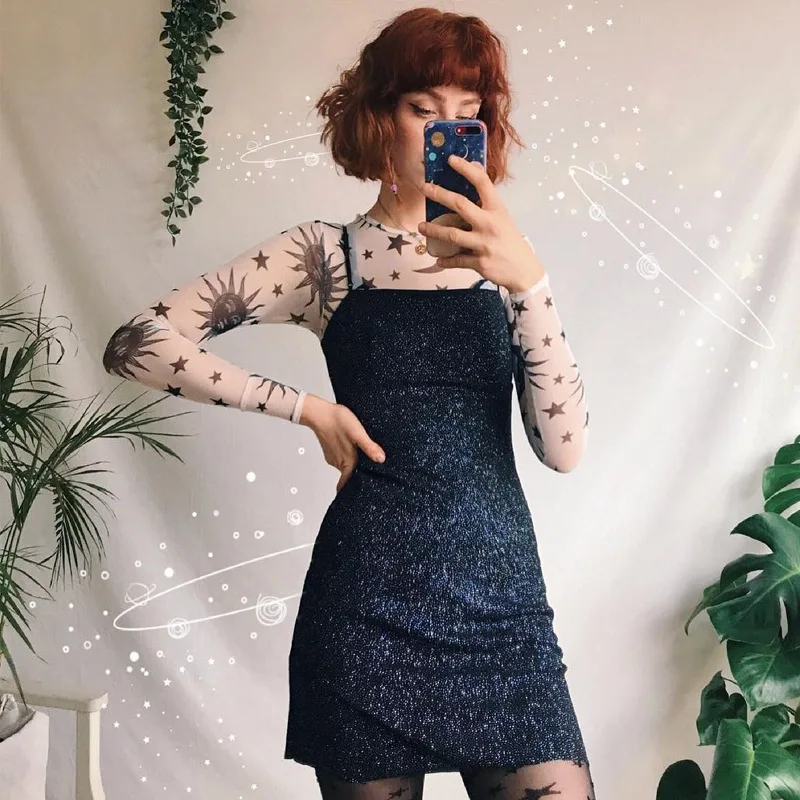 Sun And Moon Printed Mesh Long Sleeve T-Shirt Women Sexy Sheer Top Y2K Streetwear OUT1061 Sun And Moon Printed Mesh Long Sleeve T-Shirt Women Sexy Sheer Top Y2K Streetwear OUT1061