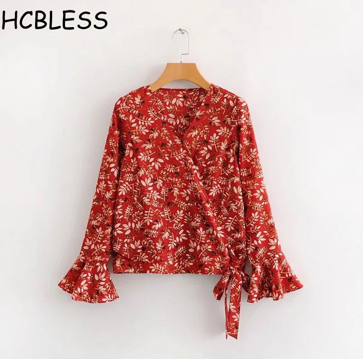 HCBLESS New summer style women's Red trumpet sleeves V-neck print with chiffon shirt Slim Wild Tops |