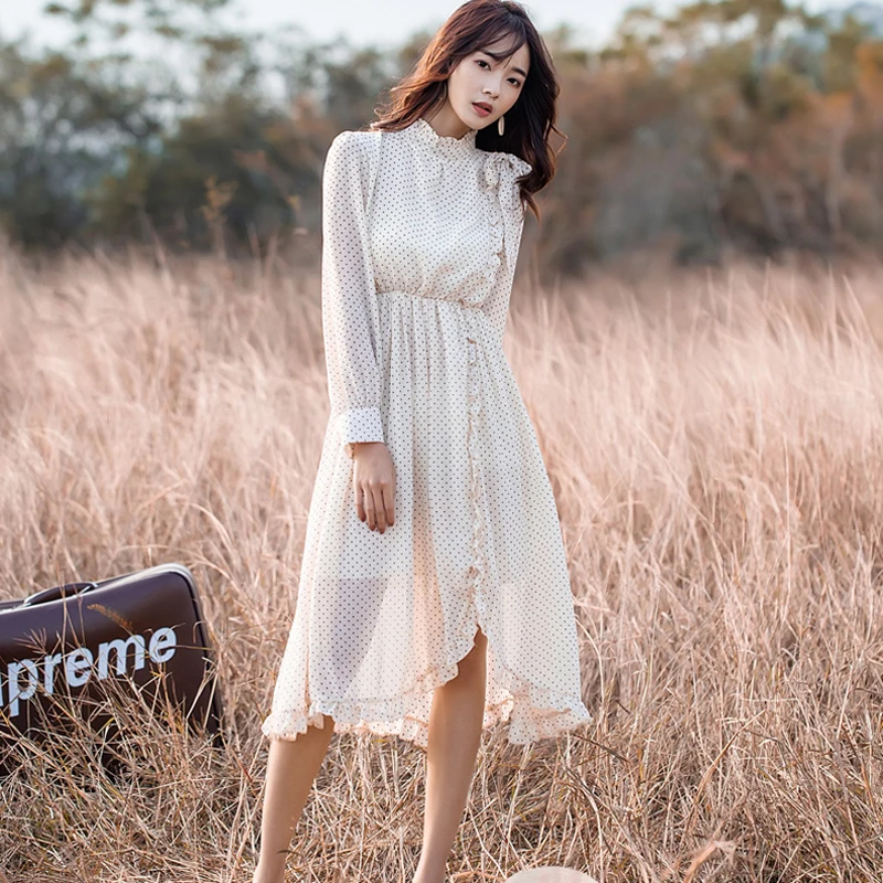 BGTEEVER Side Ruffles Polka Dot Women Chiffon Dress Elastic Waist Stand Collar Female Long Vestidos Vintage A-line Dress 2019
BGTEEVER Side Ruffles Polka Dot Women Chiffon Dress Elastic Waist Stand Collar Female Long Vestidos Vintage A-line Dress 2019